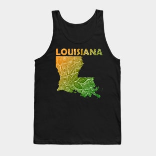 Colorful mandala art map of Louisiana with text in green and orange Tank Top